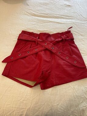 Red High-Waist Faux Leather Paperbag Shorts with Belt